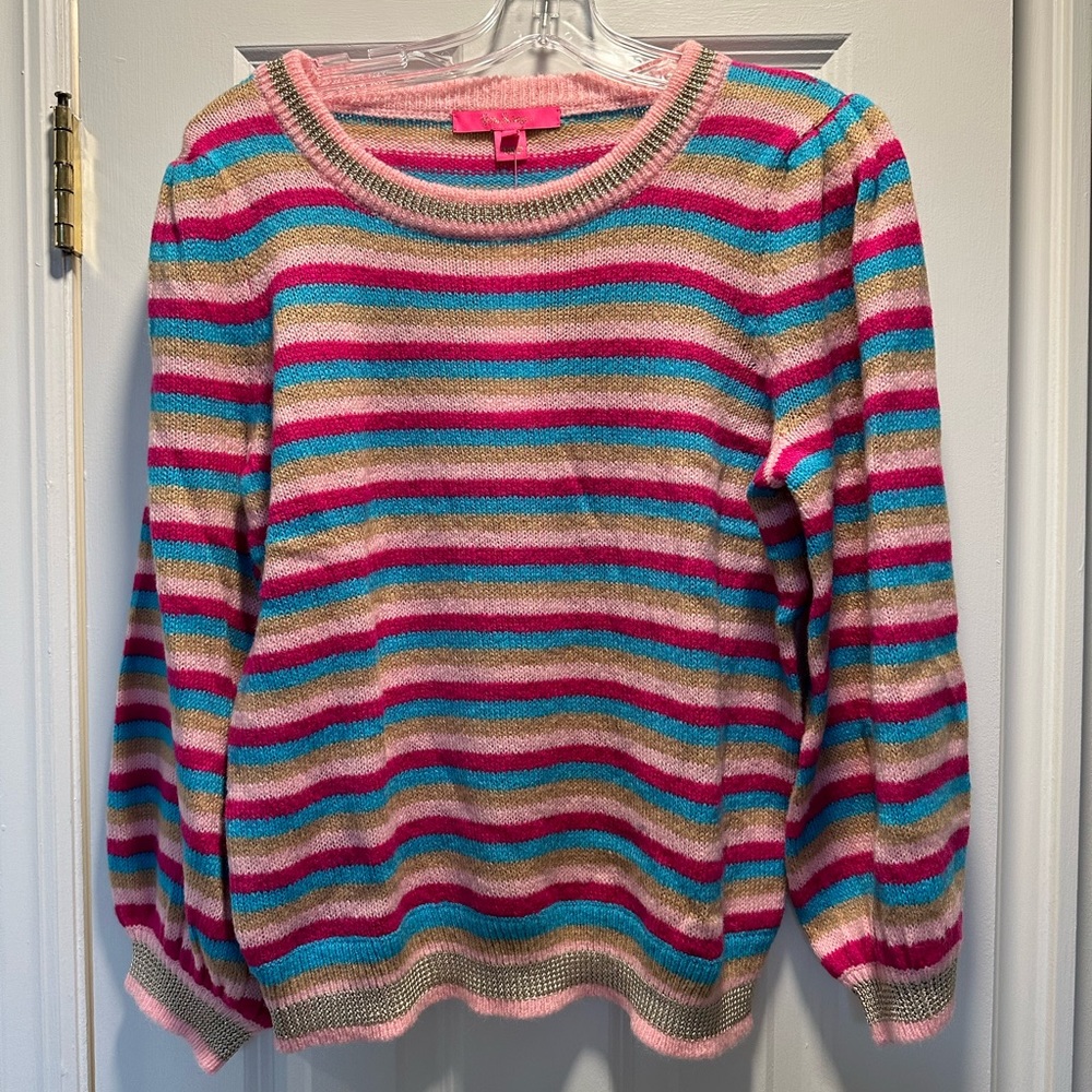 Lilly Pulitzer Marceletta Striped Sweater in Berry Soiree Carnival Stripe, L